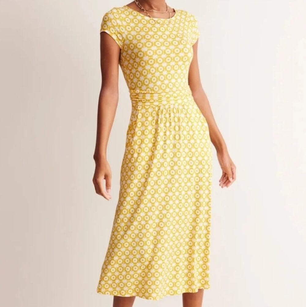 Boden Yellow White Floral Midi Dress US 4P Ruched Waist Geometric Pockets
